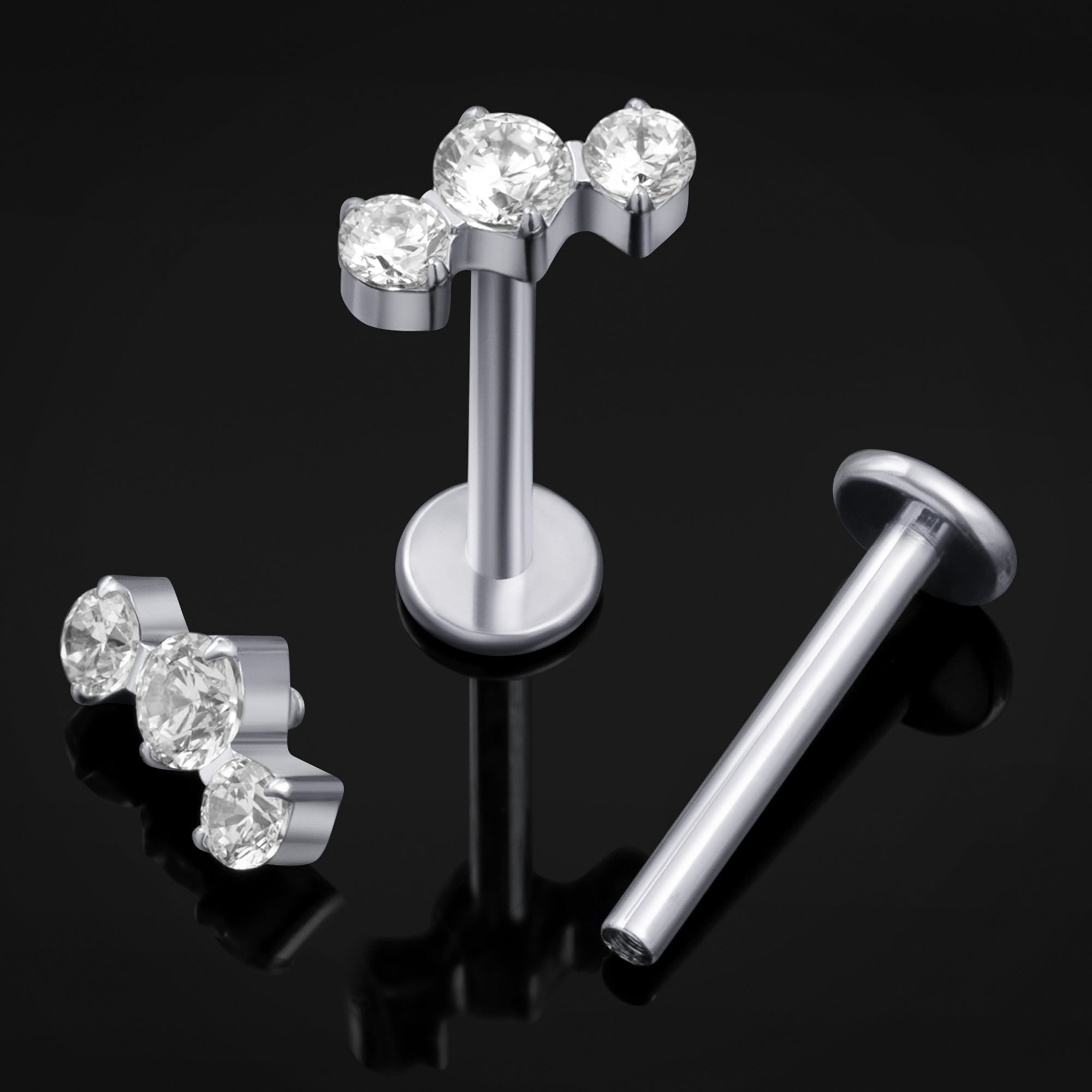 Labret Stud, Silver, Triple CZ Stone Cluster, Internally Threaded, Titanium