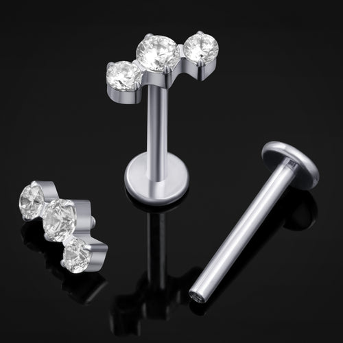 Silver Triple CZ Stone Cluster Internally Threaded Titanium Labret Stud 1.2mm Gauge