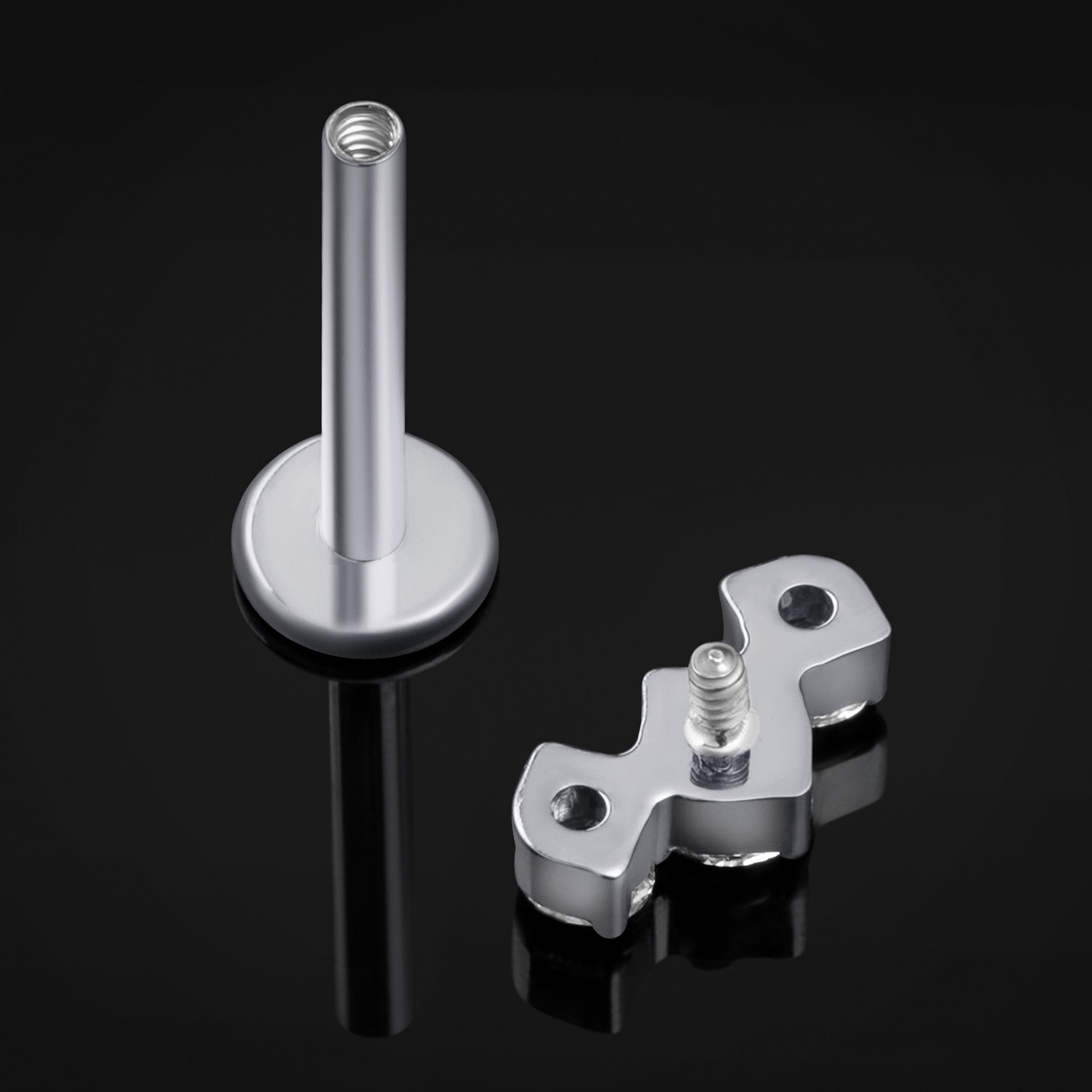 Labret Stud, Silver, Triple CZ Stone Cluster, Internally Threaded, Titanium