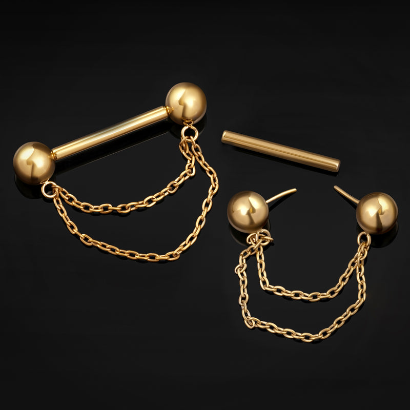 Barbell pour mamelon, or, double chaîne, titane, sans filetage, 1.6mm