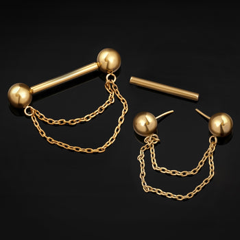 Titanium Threadless Gold Double Chain Nipple Bar 1.6mm