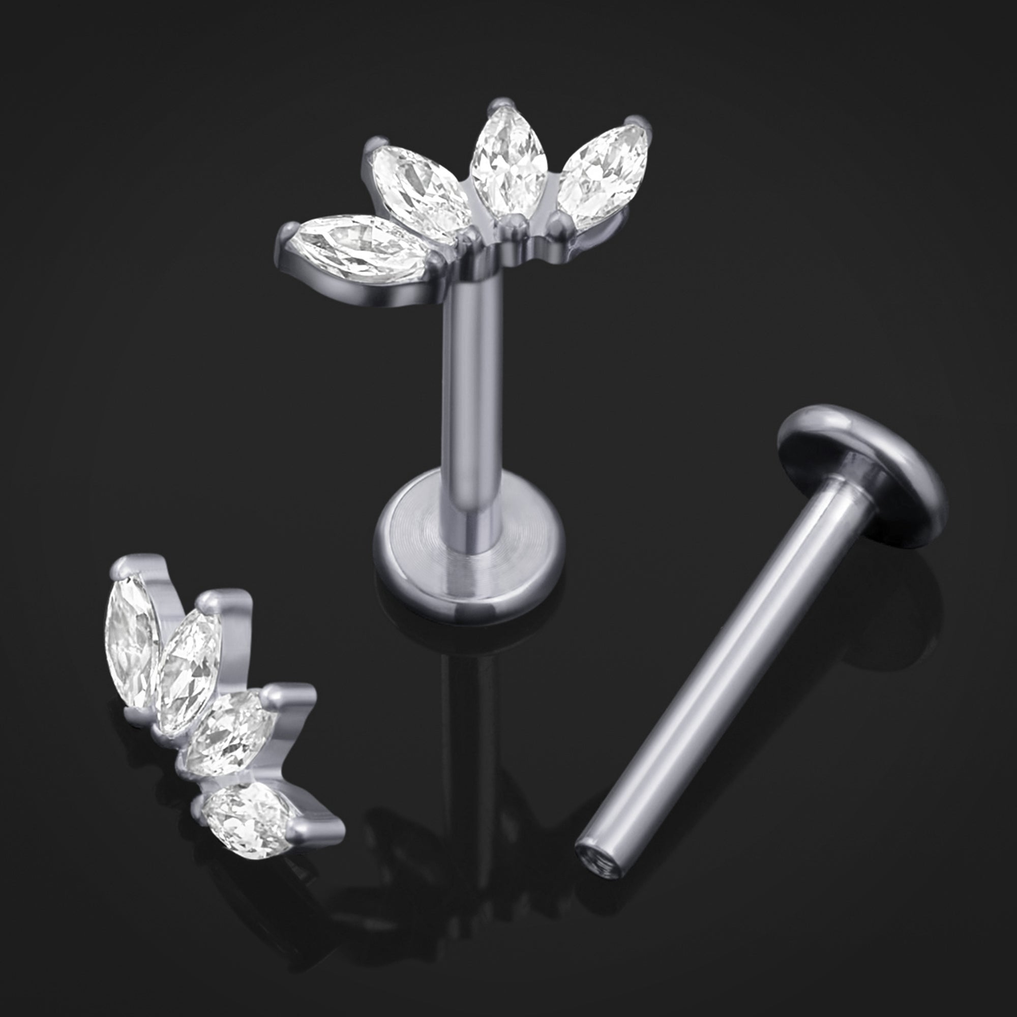 Labret Stud, Silver, Half Flower Clear CZ Stone, Titanium, Internal Thread, 1.2mm Gauge