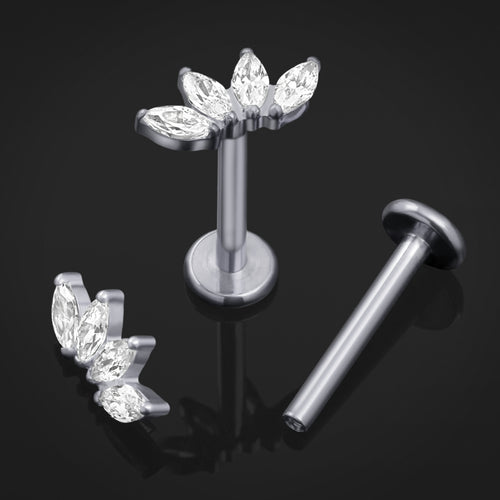 Silver Half Flower Clear CZ Stone Internally Threaded Titanium Labret Stud 1.2mm Gauge