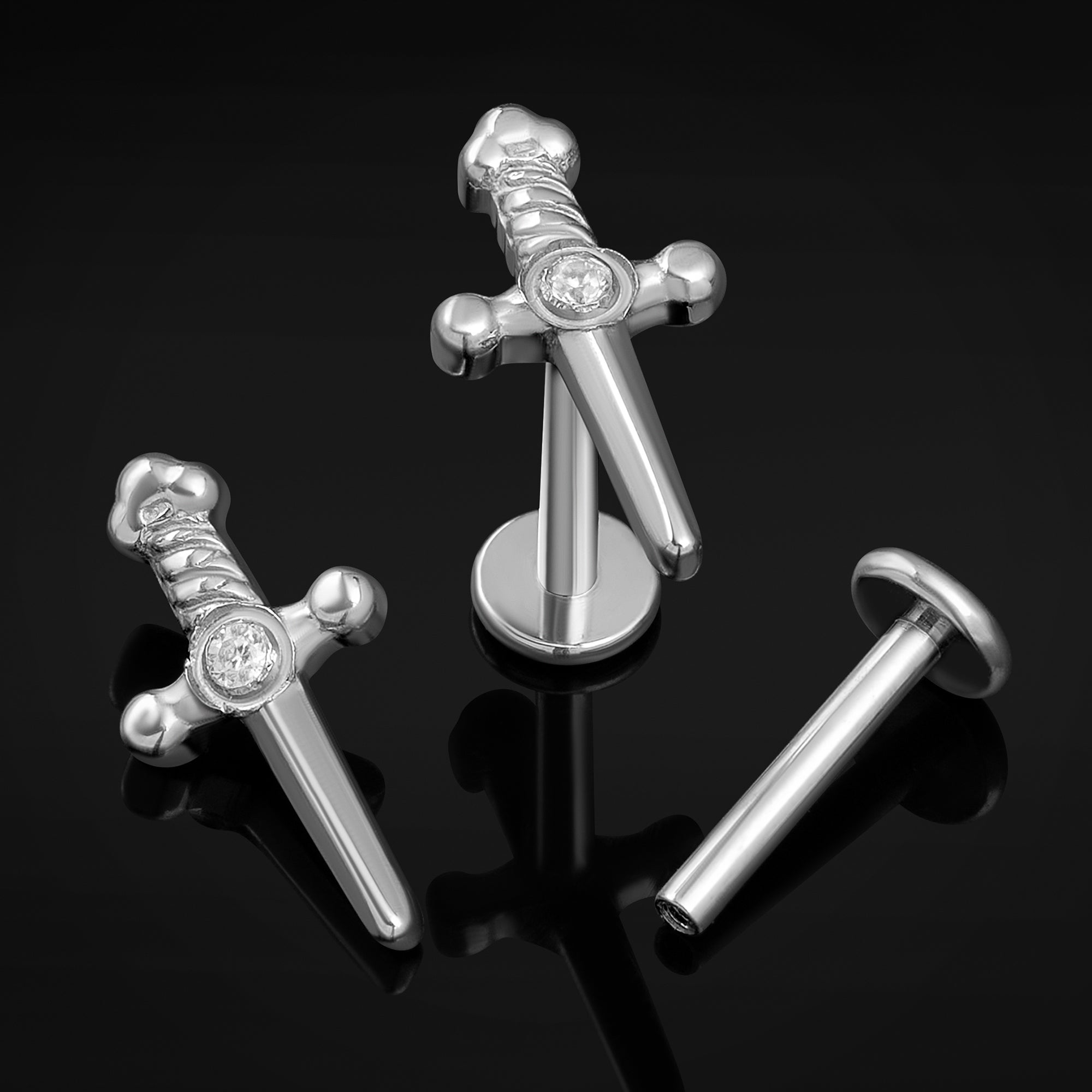 Clear Jewelled Silver Sword Internally Threaded Titanium Labret Stud 1.2mm Gauge