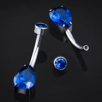Piercing nombril, argent, pierre poire CZ bleu foncé, filetage interne, titane