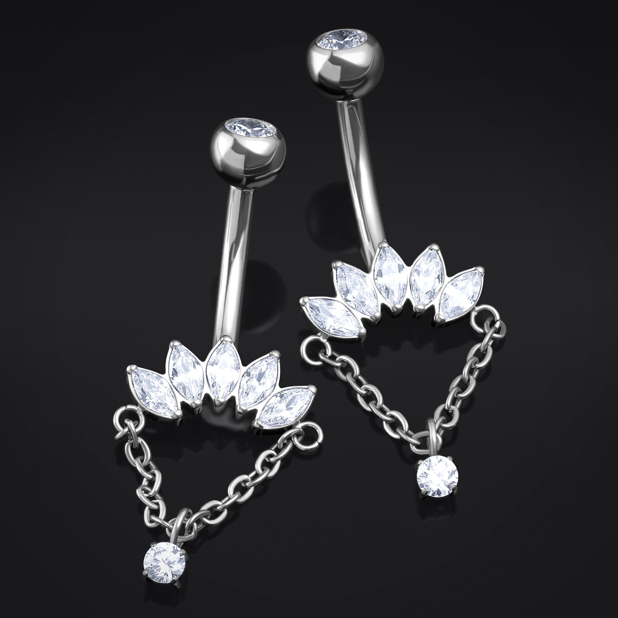 Belly Button Piercing, Silver Jewelled Half Flower, Internal Thread, Titanium