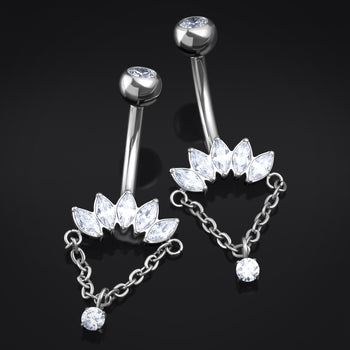 Bauchnabelpiercing, Silber, Doppelter lila CZ-Tropfenstein, Innengewinde, Titan, 1,6 mm Stärke