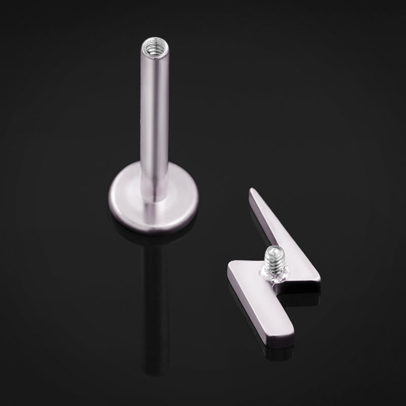 Piercing labret, argenté, motif éclair, filetage interne, titane, 1,2 mm