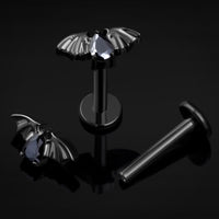 Labret en titane fileté interne, chauve-souris noire ornée de pierres noires, calibre 1,2 mm