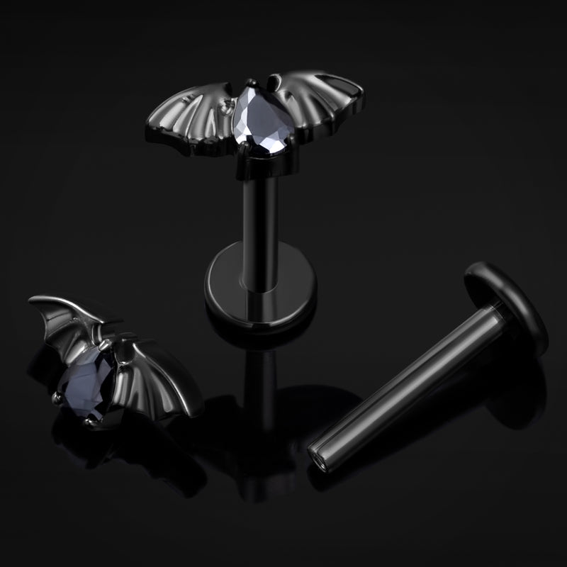 Labret en titane fileté interne, chauve-souris noire ornée de pierres noires, calibre 1,2 mm