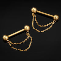 Barbell pour mamelon, or, double chaîne, titane, sans filetage, 1.6mm