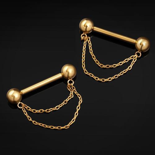 Titanium Threadless Gold Double Chain Nipple Bar 1.6mm