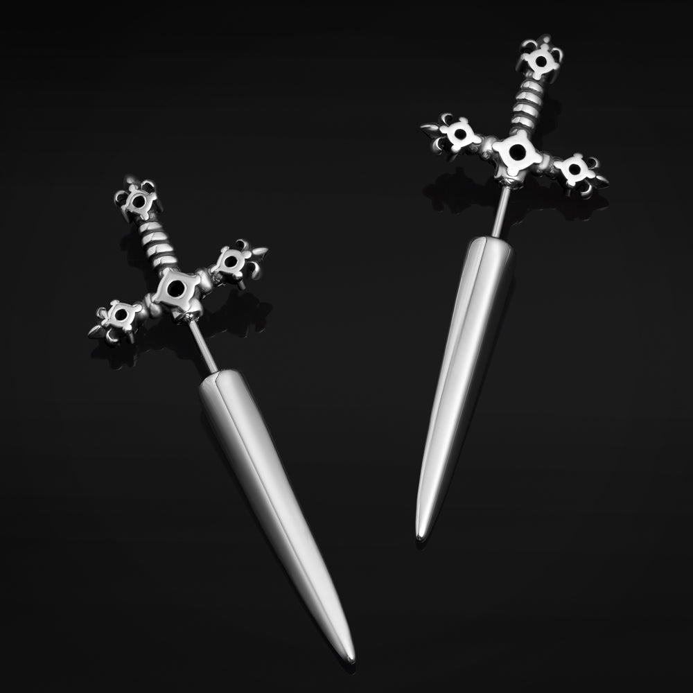 Silver Sword Earrings with Black Gems, Stainless Steel - Pair - Stainless Steel Earrings / Alternative Piercings / Sword Earrings / Jewellery / Gothic Earrings 
