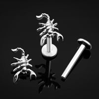 Piercing labret, argent, embout scorpion, filetage interne, titane, 1.2mm