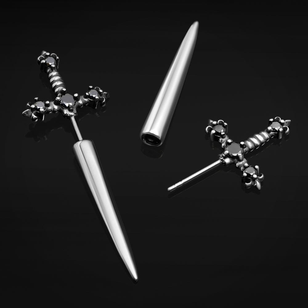 Silver Sword Earrings with Black Gems, Stainless Steel - Pair - Stainless Steel Earrings / Alternative Piercings / Sword Earrings / Jewellery / Gothic Earrings 