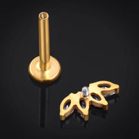 Piercing labret, doré, fleur avec pierre transparente, filetage interne, titane, calibre 1,2 mm