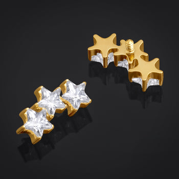 Labret Top, Gold, Triple Jewelled Star, Internally Threaded, Titanium