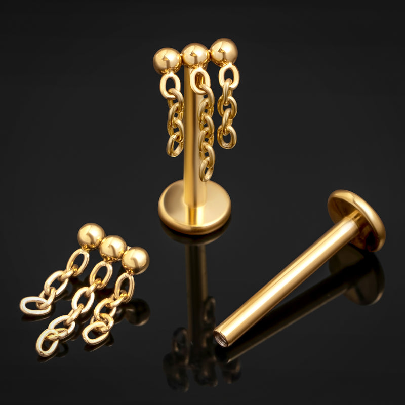 Or, pendentif triple chaîne, filetage interne, labret, titane ASTM F136