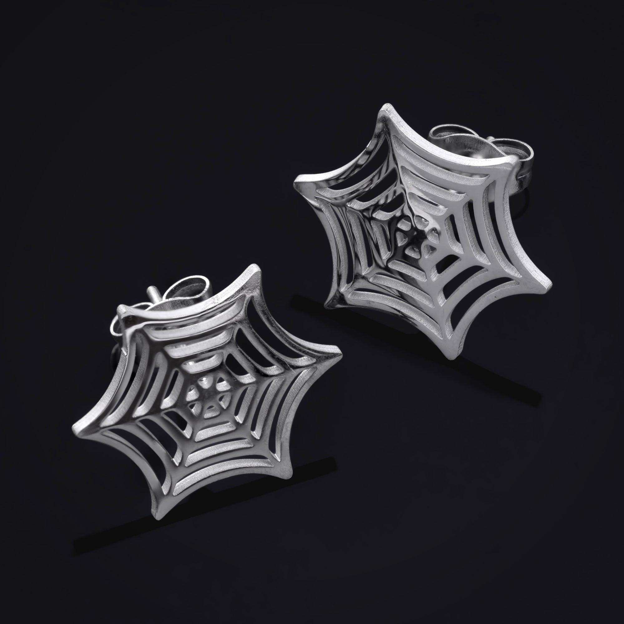 Stud Earrings, Silver, Spider Web Design, Titanium - Pair