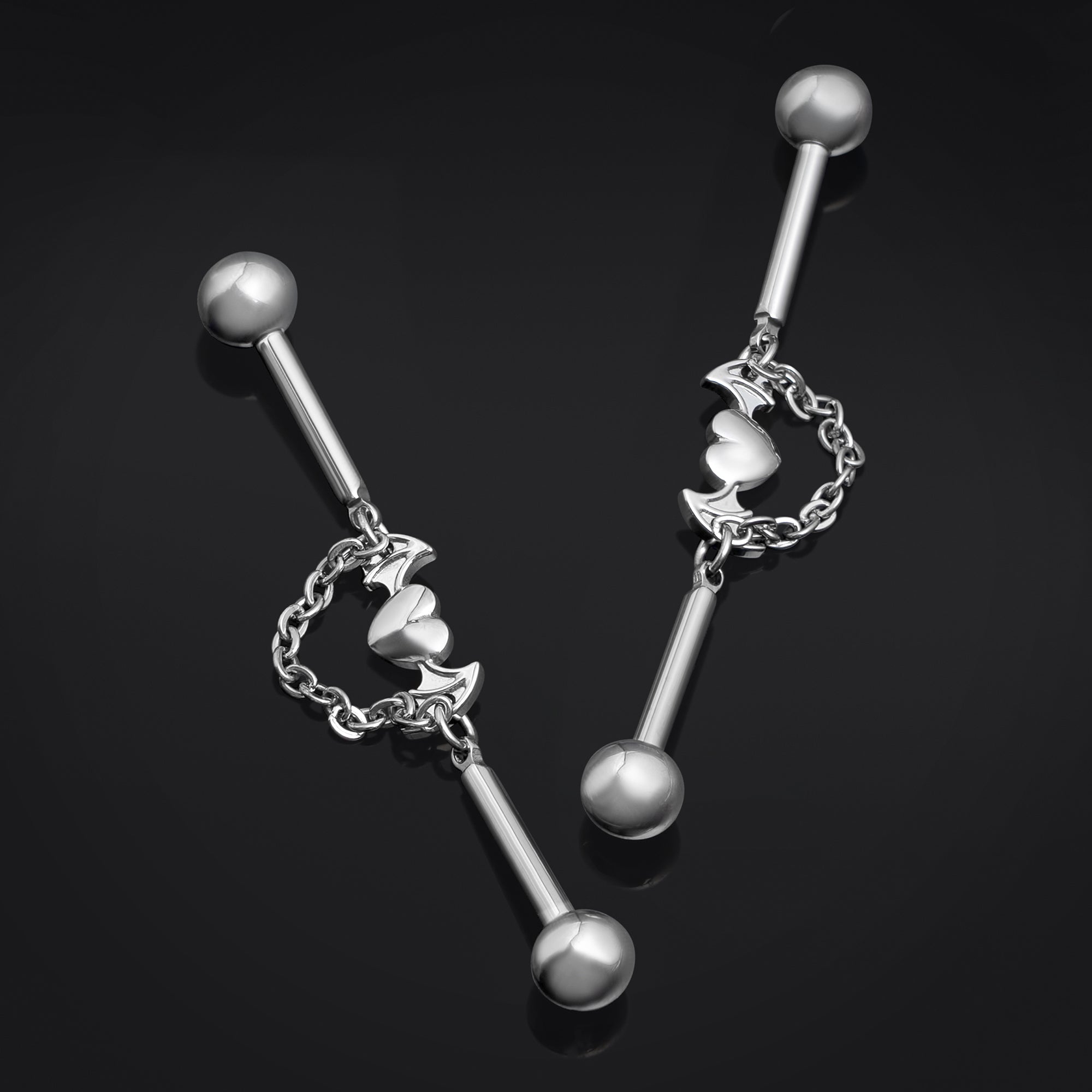 Titanium, Internally Threaded, Silver, Bat Wing Heart Chain Industrial Barbell