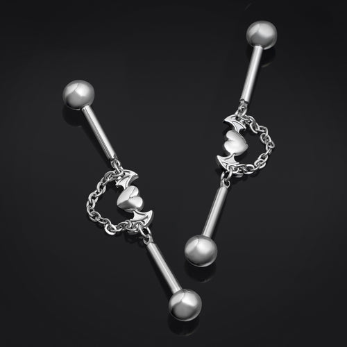 Titanium, Internally Threaded, Silver, Bat Wing Heart Chain Industrial Barbell