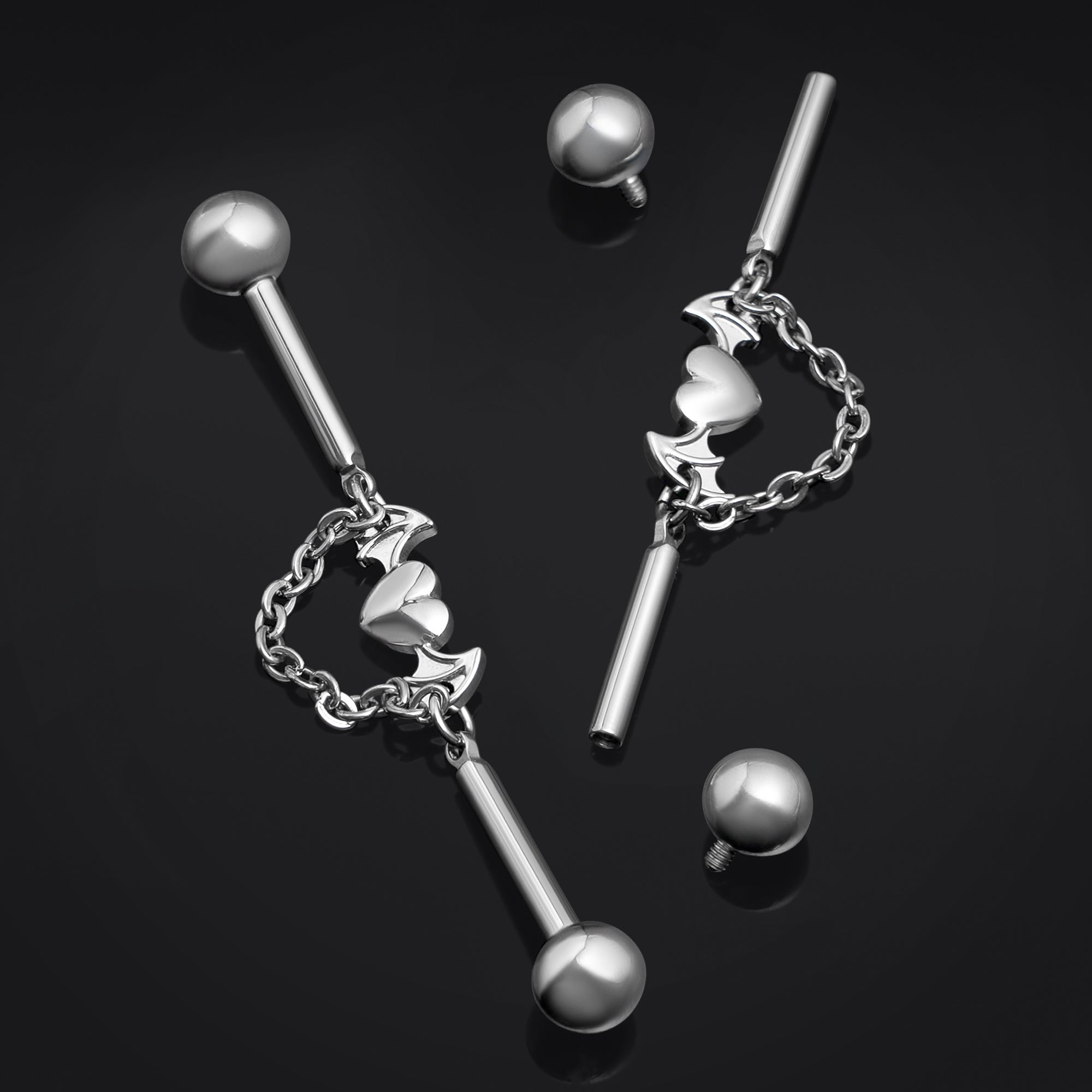 Titanium, Internally Threaded, Silver, Bat Wing Heart Chain Industrial Barbell