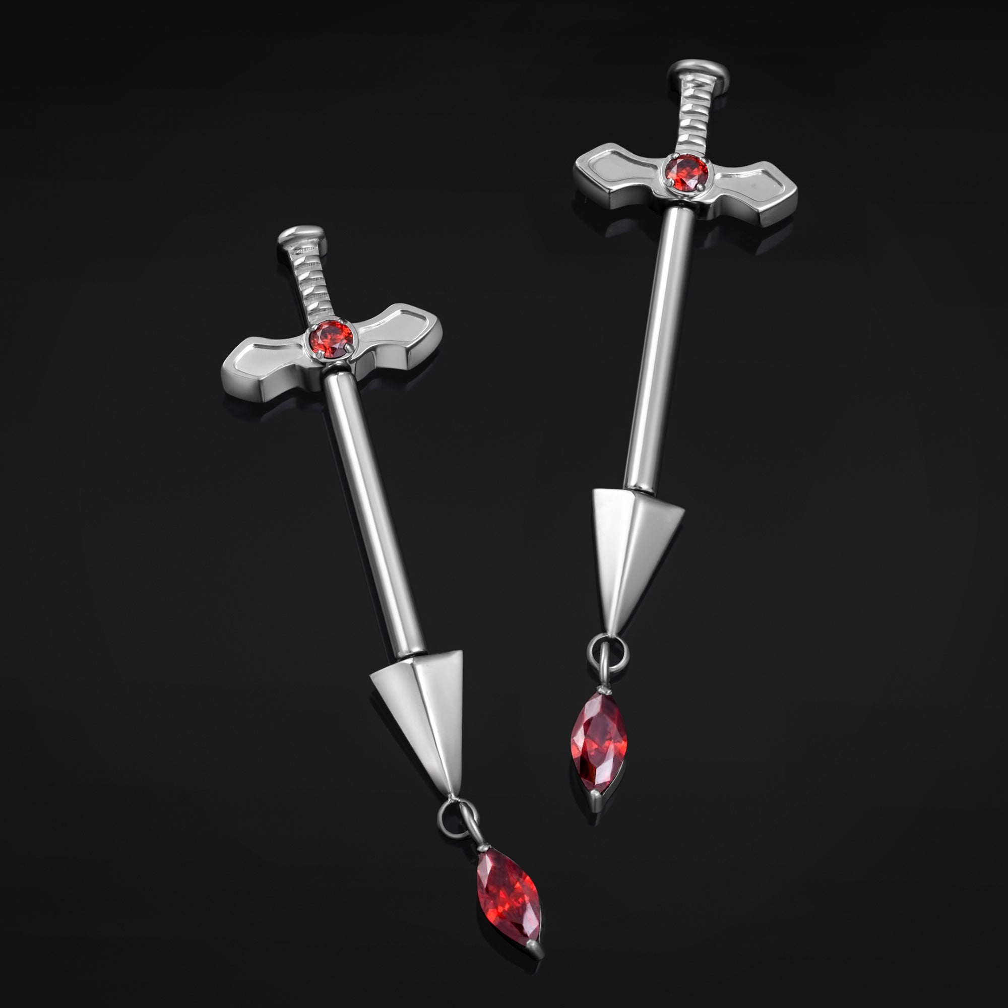 Titanium Threadless Silver Red Jewelled Sword Nipple Bar 1.6mm