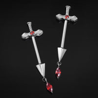 Titanium Threadless Silver Red Jewelled Sword Nipple Bar 1.6mm