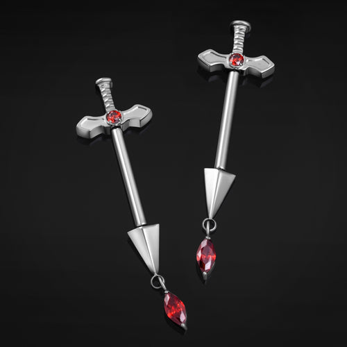 Titanium Threadless Silver Red Jewelled Sword Nipple Bar 1.6mm