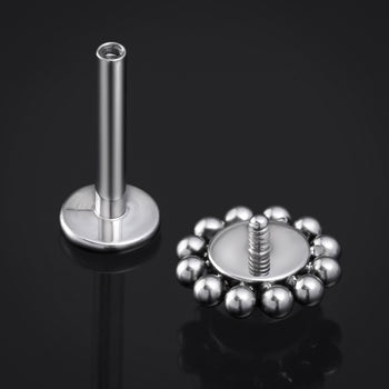 Silver, Obsidian Stone, Beaded Cluster, Internally Threaded, Labret Stud, Titanium