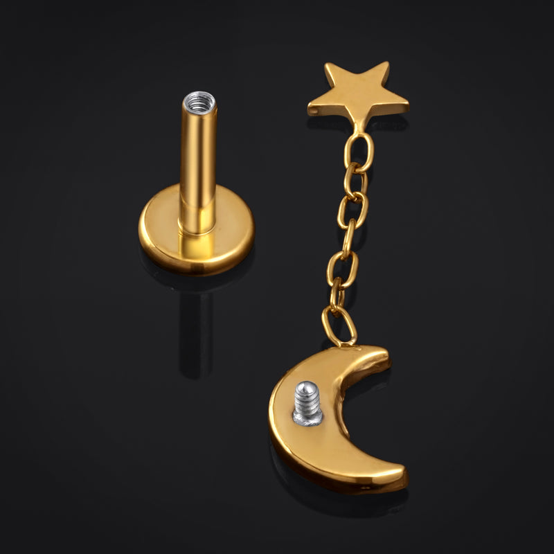 Piercing labret, doré, lune et étoile martelées, filetage interne, titane, calibre 1.2mm
