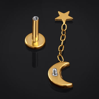 Labret Stud, Gold, Hammered Moon and Star, Internally Threaded, Titanium, 1.2mm Gauge