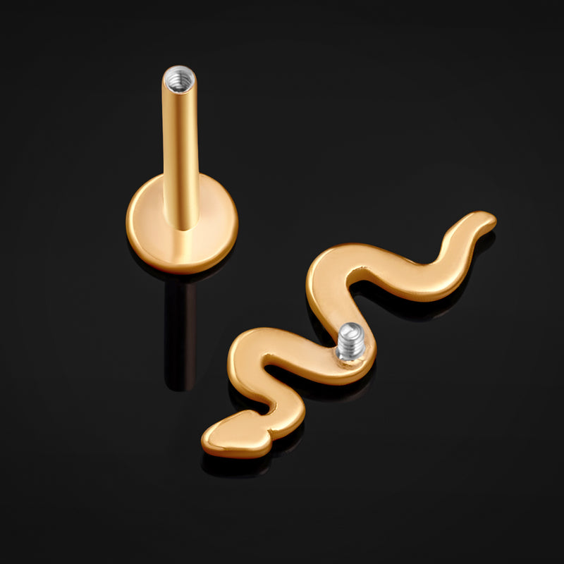 Piercing labret, doré, serpent, filetage interne, titane, calibre 1.2mm