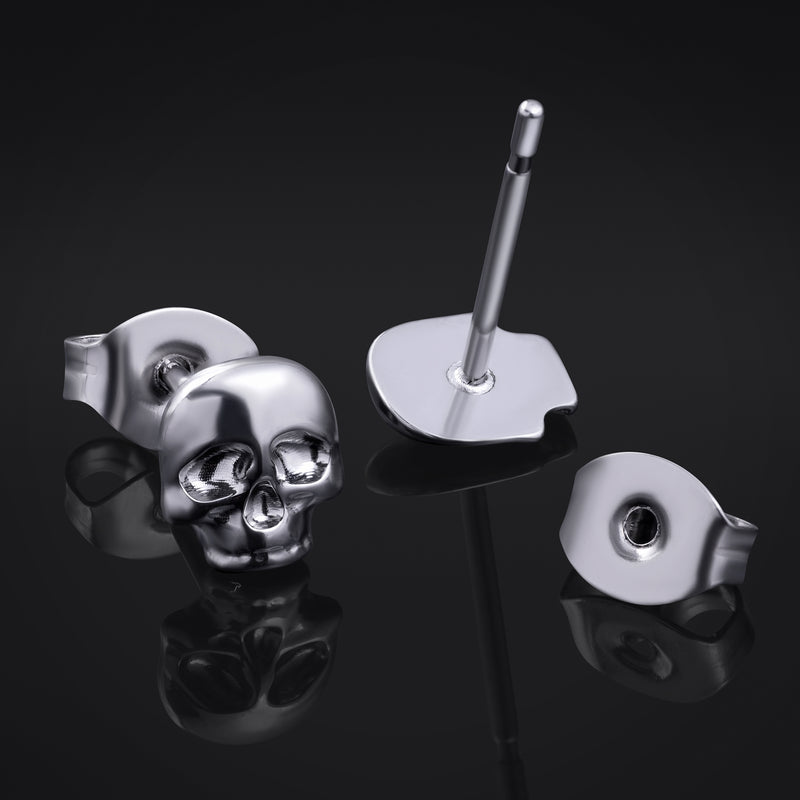 Stud Earrings, Silver, Skull Design, Titanium - Pair
