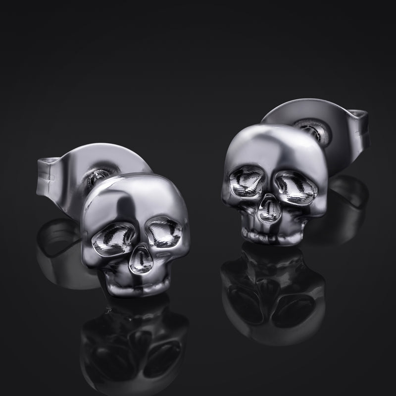 Stud Earrings, Silver, Skull Design, Titanium - Pair
