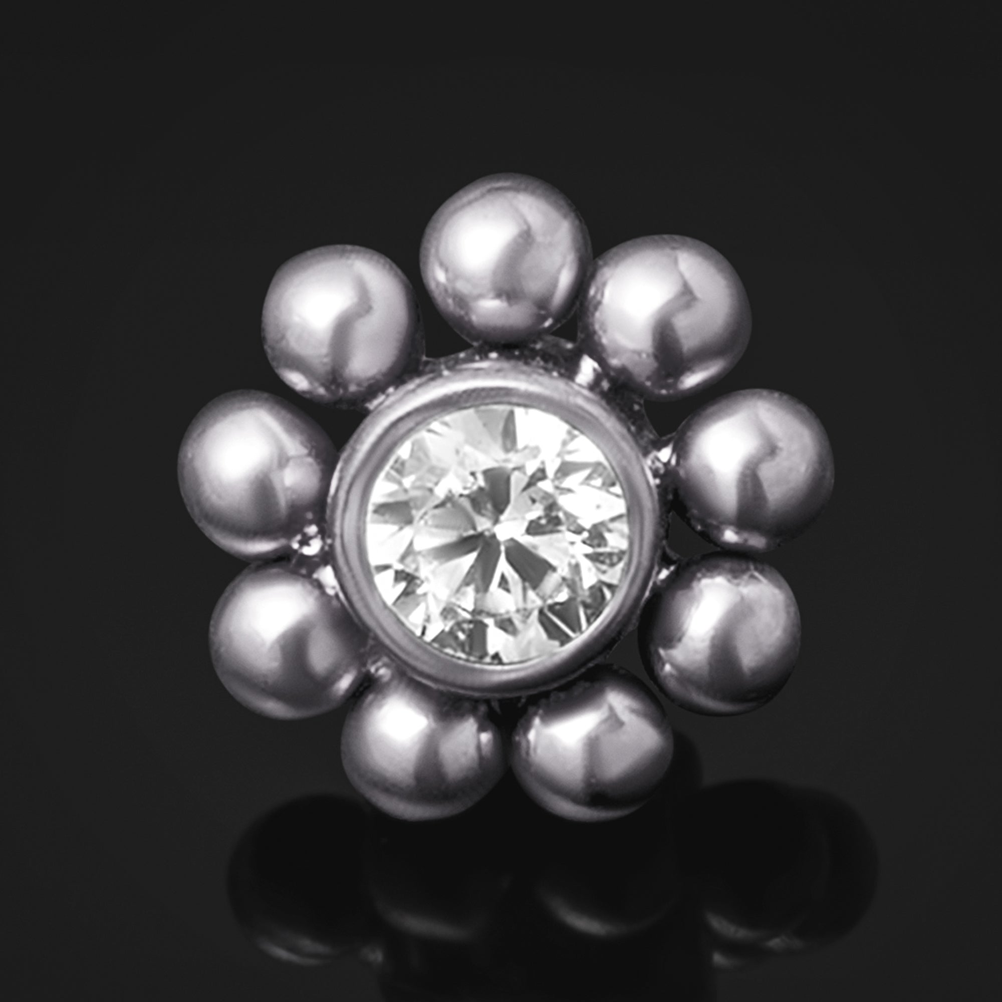 Silver Flower Labret Top with Clear CZ Stone, Internally Threaded, Titanium