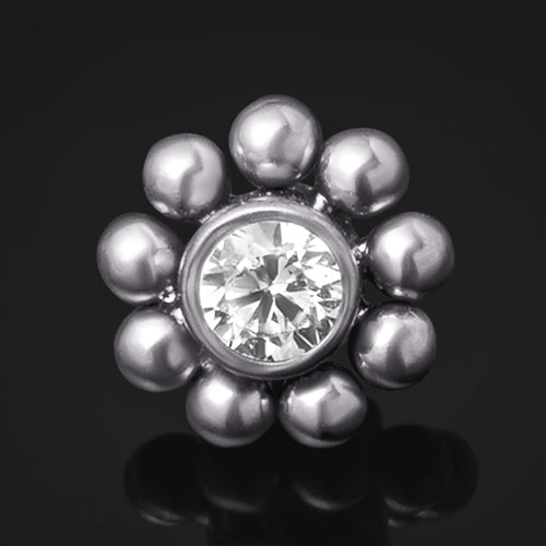 Silver Flower Labret Top with Clear CZ Stone, Internally Threaded, Titanium