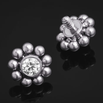 Silver Flower Labret Top with Clear CZ Stone, Internally Threaded, Titanium