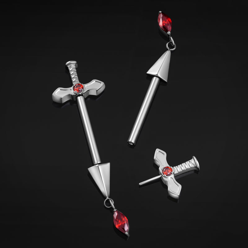 Titanium Threadless Silver Red Jewelled Sword Nipple Bar 1.6mm