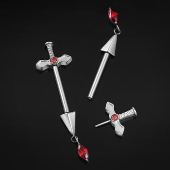 Titanium Threadless Silver Red Jewelled Sword Nipple Bar 1.6mm