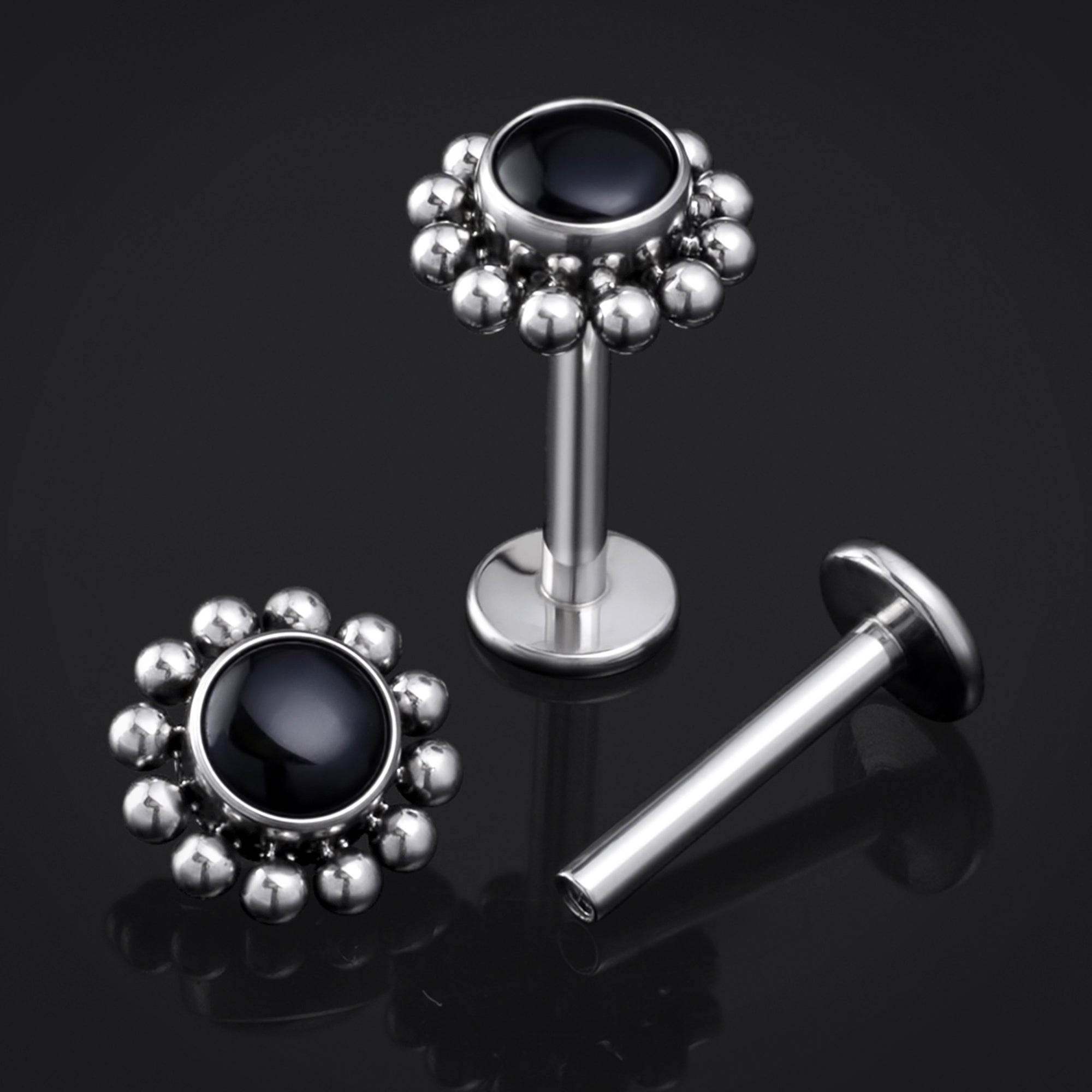 Silver, Obsidian Stone, Beaded Cluster, Internally Threaded, Labret Stud, Titanium
