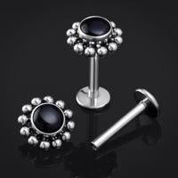 Argent, pierre d’obsidienne, grappe perlée, filetage interne, piercing labret, titane