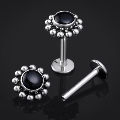 Silver, Obsidian Stone, Beaded Cluster, Internally Threaded, Labret Stud, Titanium