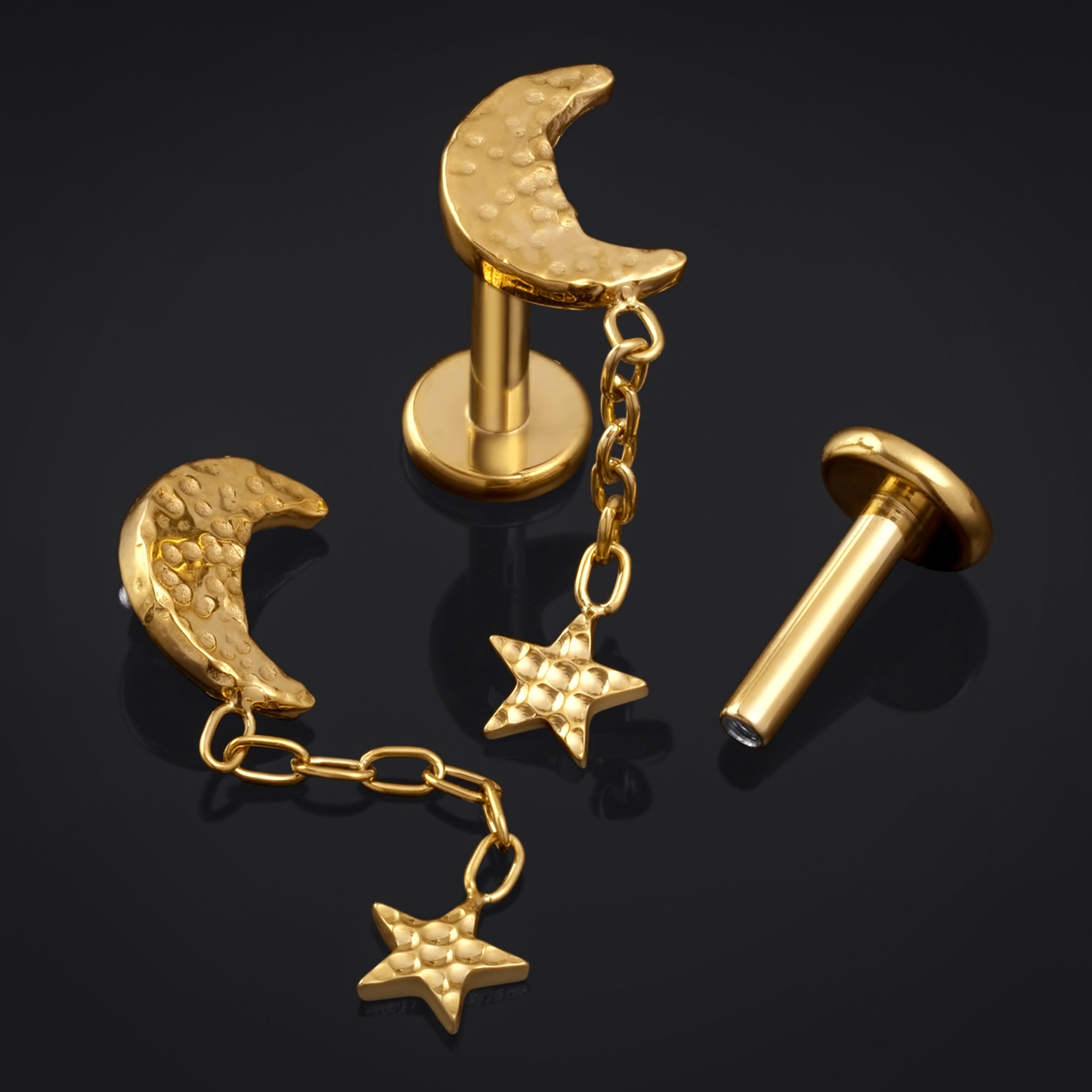 Labret Stud, Gold, Hammered Moon and Star, Internally Threaded, Titanium, 1.2mm Gauge
