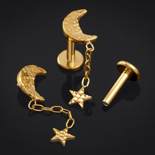 Labret Stud, Gold, Hammered Moon and Star, Internally Threaded, Titanium, 1.2mm Gauge