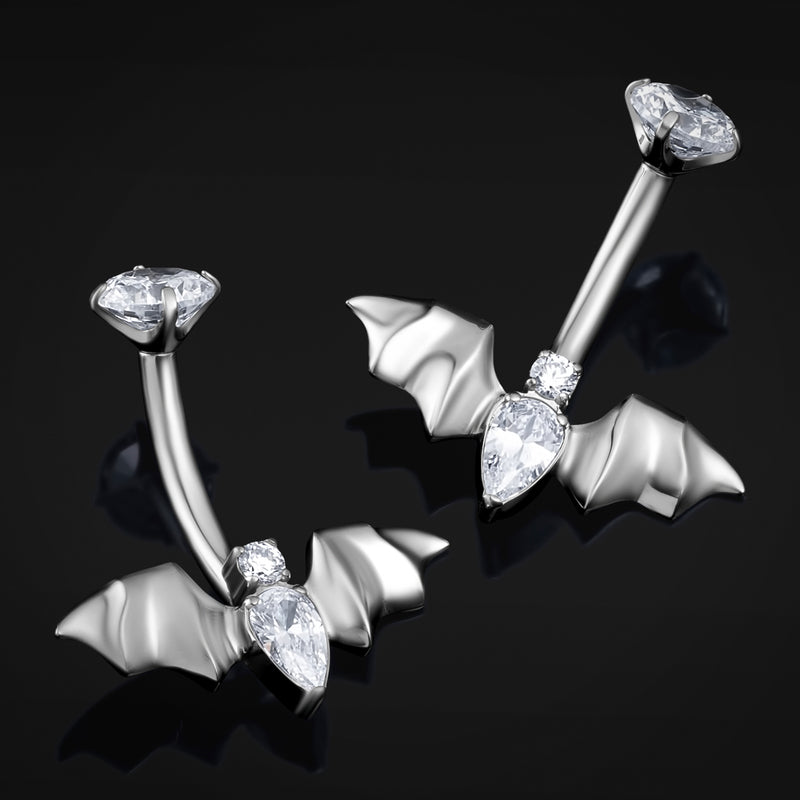 Piercing de nombril, chauve-souris argentée sertie de strass, filetage interne, titane