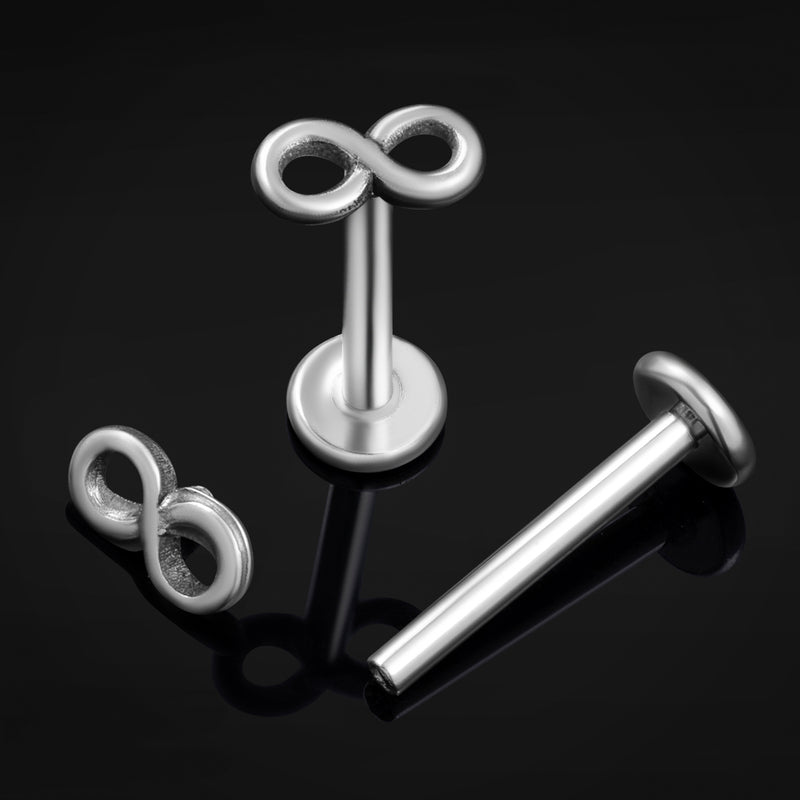 Piercing labret, argent, infini, filetage interne, titane, calibre 1,2 mm