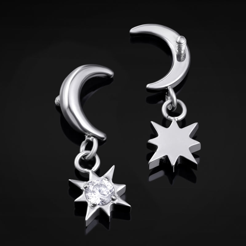 Embout labret pendant, argenté, étoile et lune, filetage interne, titane