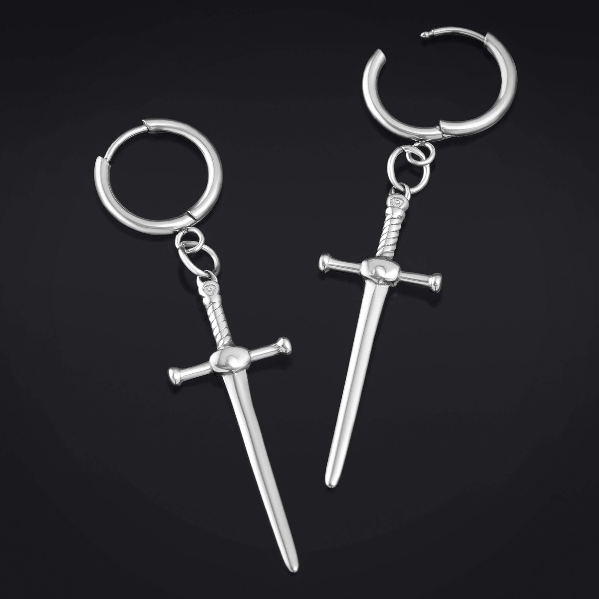 Huggie Hoop Earrings, Silver, Double Hoop with Chain, Hammered Steel - Pair