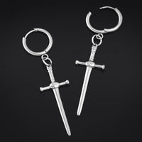 Boucles d’oreilles créoles, argentées, épée, acier inoxydable - paire